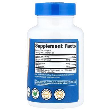 Цинк-карнозин, Zinc Carnosine, Nutricost, 120 капсул