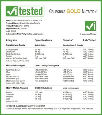 Органічна спіруліна, сертифікована USDA, California Gold Nutrition, 500 мг, 720 таблеток