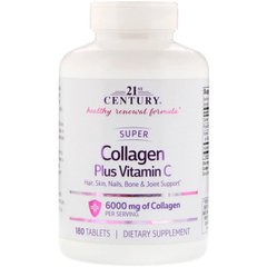 Супер Коллаген тип 1 и 3 с витамином С, 21st Century 1000 мг, 180 таблеток