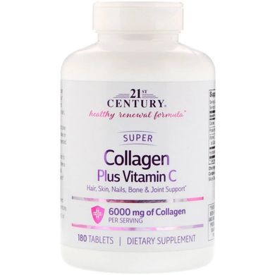 Супер Коллаген тип 1 и 3 с витамином С, 21st Century 1000 мг, 180 таблеток