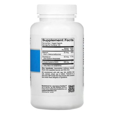 Ацетилцистеин с селеном и молибденом,NAC, Lake Avenue Nutrition, 600 мг, 120 капсул