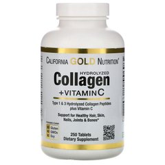 Колаген, Hydrolyzed Collagen + Vitamin C, тип 1 і 3, California Gold Nutrition, 250 таблеток