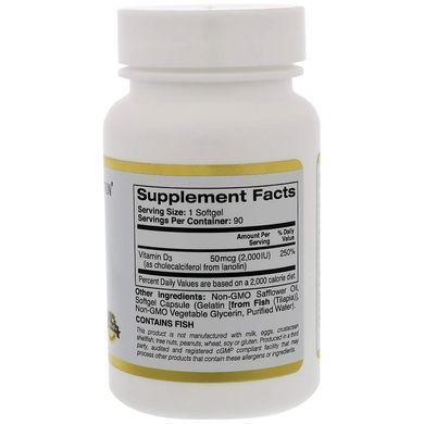 Витамин D3, Vitamin D3, California Gold Nutrition, 50 мкг (2000 МЕ), 90 капсул