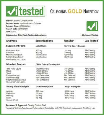 Гіалуронова кислота, комплек, California Gold Nutrition, 100 мг, 60 капсул