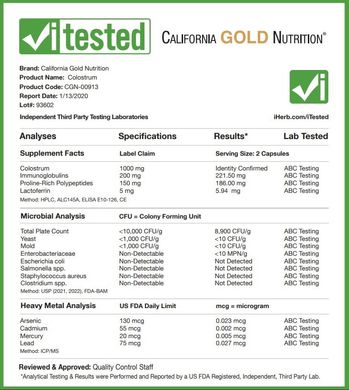 Молозиво концентрований, Colostrum, California Gold Nutrition, 240 капсул