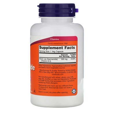 Ніацинамід, вітамін В-3, Niacinamide, NOW Foods, 500 мг, 100 вегетаріанських капсул